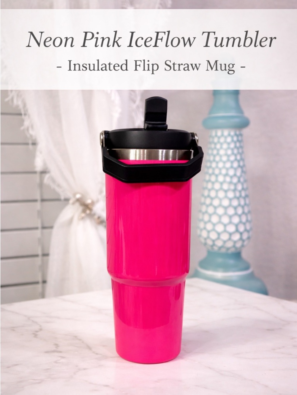 30oz Neon Pink IceFlow Tumbler Flip Straw Insulated Travel Mug